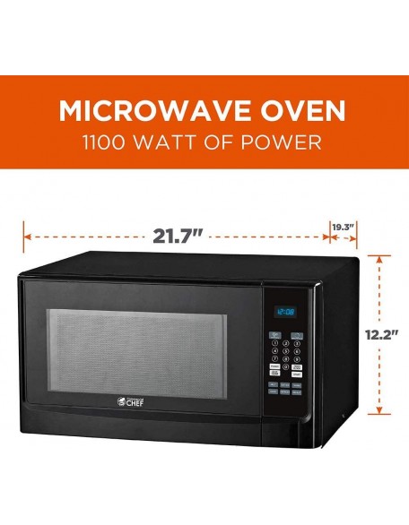 Commercial Chef CHM14110B6C Countertop Microwave Oven, 1100 Watts, Small Compact Size, 10 Power Levels, 6 Easy One Touch Presets with Popcorn Button, Removable Turntable, Child Lock, Black