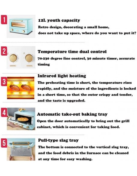 12L Mini Oven Electric Cooker and Grill, Home Baking Small Oven Timer Double Glass Door Convection Toaster Oven