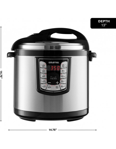 Gourmia GPC1000 Smart Pot Electric Digital Multifunction Pressure Cooker, 13 Programmable Cooking Modes, 10 Quart Stainless Steel, with Steam Rack, 1400 Watts- Includes  Recipe - 110V
