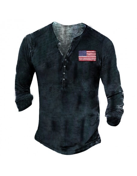 American Flag Men Vintage Henley Button Long Sleeve Shirt