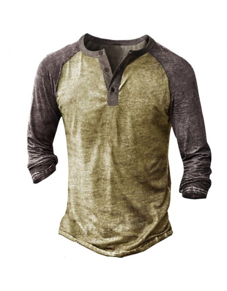 Color Block Men's Outdoor Tactics Vintage Henley Button Long Sleeve Shirt
