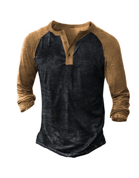 Color Block Men's Outdoor Tactics Vintage Henley Button Long Sleeve Shirt