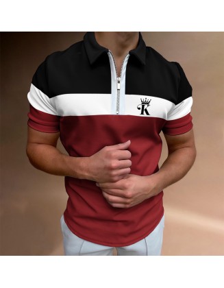 Men's Casual King Print Color Matching Short Sleeve Zipper Polo Shirt