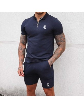 Men's Casual Polo Collar Zipper Short Sleeve T-shirt King Pattern Print Sports Suit