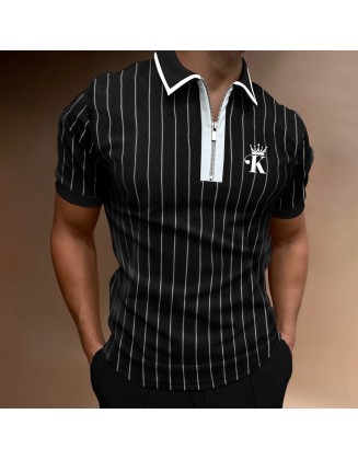 Men's Casual Crown K Stripe Print Color Matching Short Sleeve Zipper Polo Shirt
