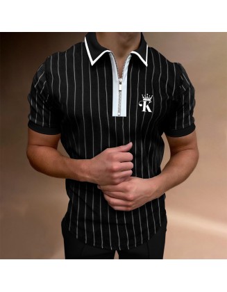 Men's Casual Crown K Stripe Print Color Matching Short Sleeve Zipper Polo Shirt