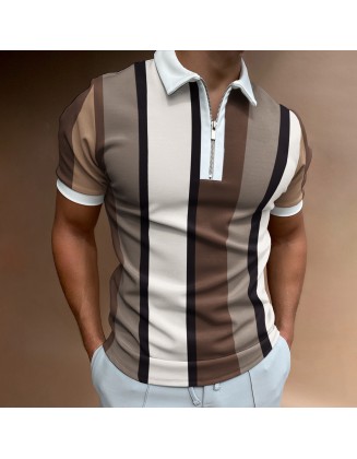 Men's Casual Stripe Print Short Sleeve Zipper Polo Shirt