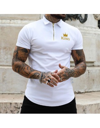 Men's Casual Crown King Print Slim Fit Short Sleeve Zipper Polo Shirt