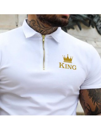 Men's Casual Crown King Print Slim Fit Short Sleeve Zipper Polo Shirt