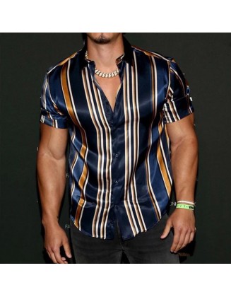 Fashion Silk Fabric Striped Slim Fit Shirt