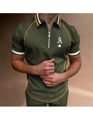 Men's Casual Poker Ace Print Color Matching Short Sleeve Zipper Polo Shirt