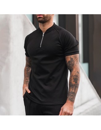 Zipper V-neck Black Polo Shirt