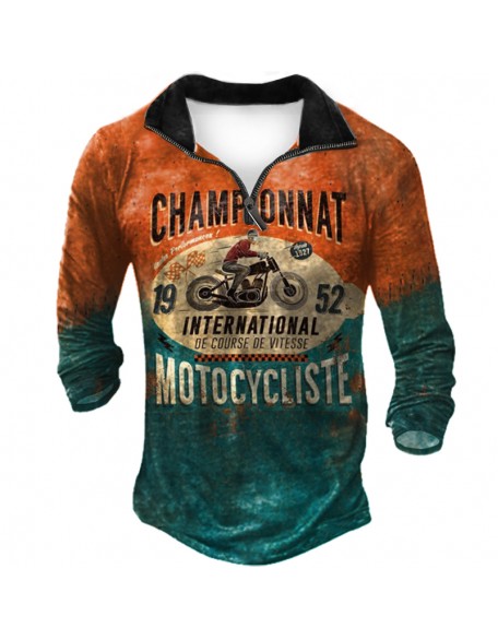 Champion Motorcycle Men's Vintage Zipper Long Sleeve Polo Shirt