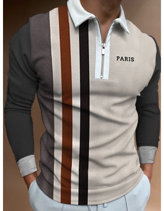 Men's Casual Style Summer Daily Stitching Zipper Design Polo Collar Long-sleeved Polo Shirt