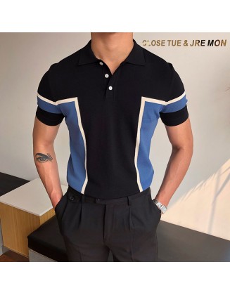 Gentleman Summer Color Matching Knitted Polo Shirt