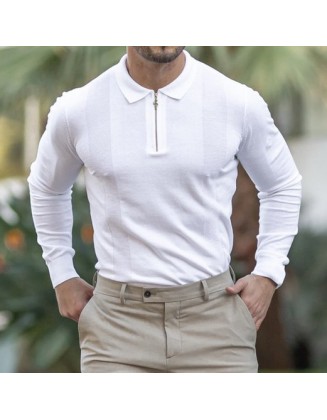 Classic White And Gold Zip Knit Long Sleeve Polo Shirt