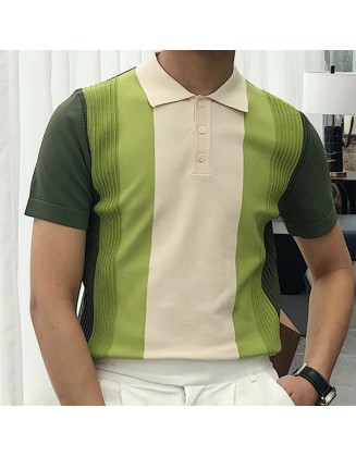 Colorblock Lapel Short Sleeve Slim Fit Knit Polo Shirt