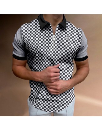 Men's Casual Black And White Plaid Stitching POLO Shirt