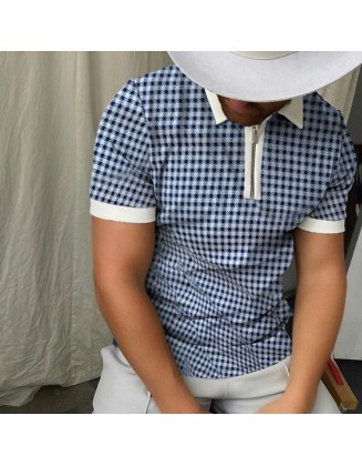Houndstooth Color Block Short-sleeved Polo Shirt