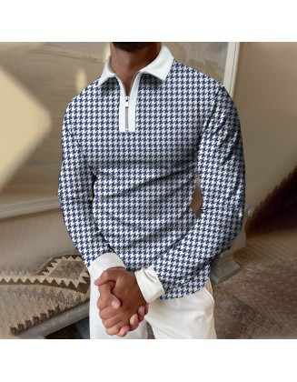 Houndstooth Print Long-sleeved Polo Shirt