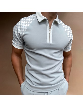 Men's Casual Houndstooth Pattern Print Color Matching Short Sleeve Zipper Polo Shirt