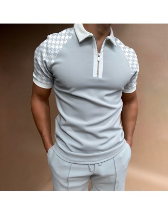 Men's Casual Houndstooth Pattern Print Color Matching Short Sleeve Zipper Polo Shirt