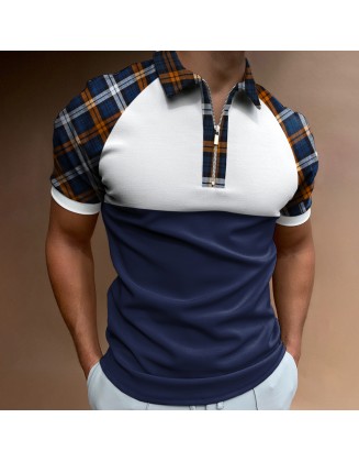 Men's Casual Plaid Pattern Print Color Matching Short Sleeve Zipper Polo Shirt