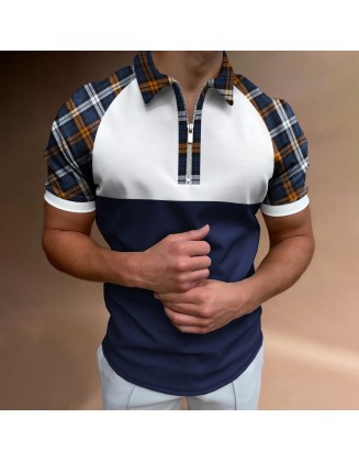 Men's Casual Plaid Pattern Print Color Matching Short Sleeve Zipper Polo Shirt