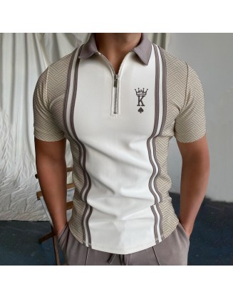 Men's Casual King Geometric Pattern Print Short Sleeve Zipper Polo Shirt