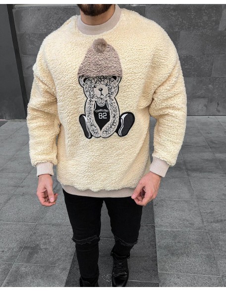 Bear Embroidered Fleece Crew Neck Sweatshirt