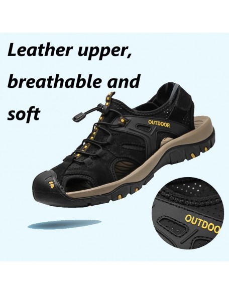 Men's Leather Toe Velcro Heel Lace-Up Outdoor Sports Casual Sandals