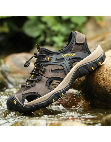 Men's Leather Toe Velcro Heel Lace-Up Outdoor Sports Casual Sandals