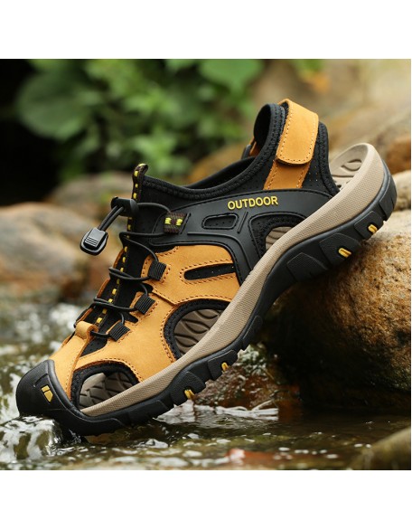 Men's Leather Toe Velcro Heel Lace-Up Outdoor Sports Casual Sandals