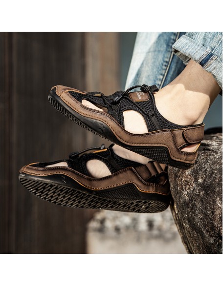 Men's Mesh Stitching Hollow Breathable Outdoor Toe Sandals