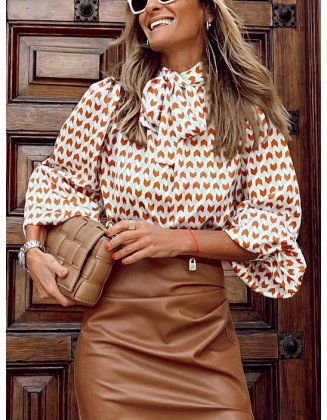 Casual Resort Geometric Print Tie Puff Sleeve 3/4 Sleeve Shirt