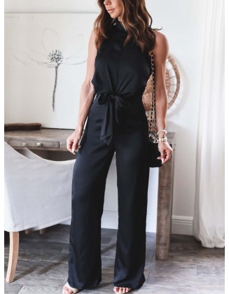 Satin Black Color Waist Tie Knots Sleeveless Jumpsuit