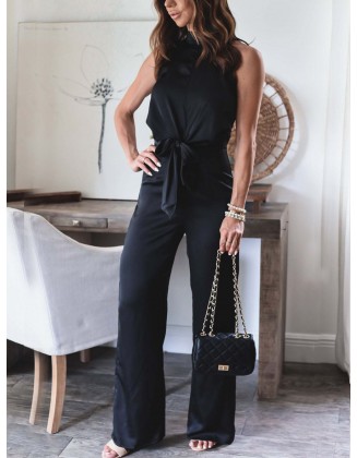 Satin Black Color Waist Tie Knots Sleeveless Jumpsuit