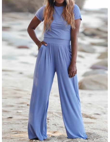 Casual Solid Color Short Sleeve Top And Loose Pants Suit Leisure Wear