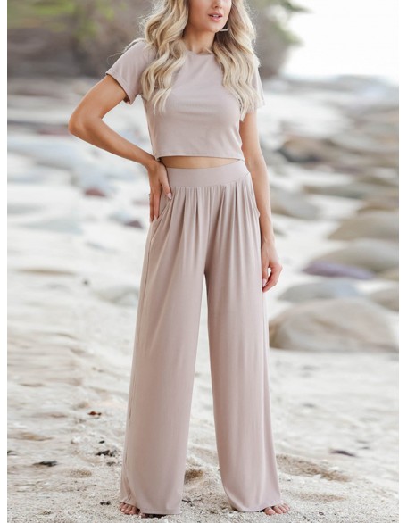 Casual Solid Color Short Sleeve Top And Loose Pants Suit Leisure Wear