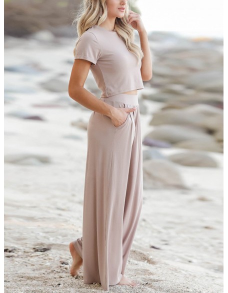 Casual Solid Color Short Sleeve Top And Loose Pants Suit Leisure Wear