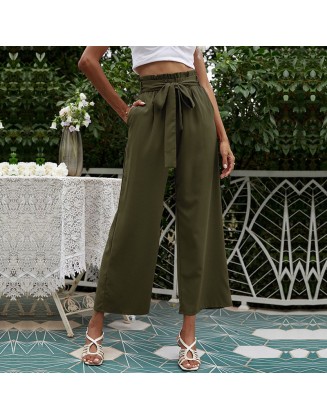 Solid Color High Waist Belt Wide Leg Pants