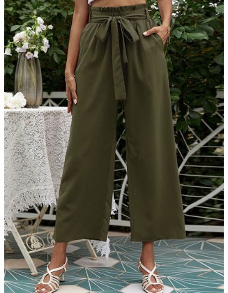 Solid Color High Waist Belt Wide Leg Pants