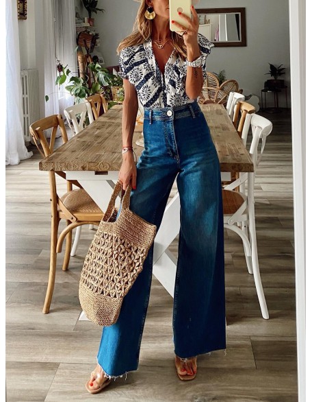 Casual Resort Wash Raw Hem High Waist Wide Leg Jeans