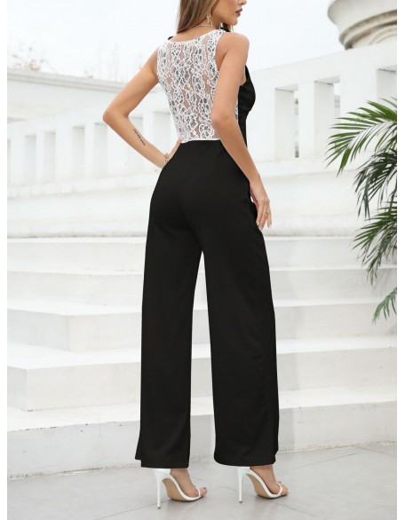 Black And White Back Lace V-neck Sleeveless Jumpsuit