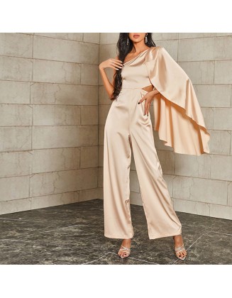 Satin Champagne Color One Shoulder Ruffle Jumpsuit