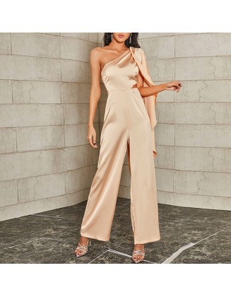 Satin Champagne Color One Shoulder Ruffle Jumpsuit