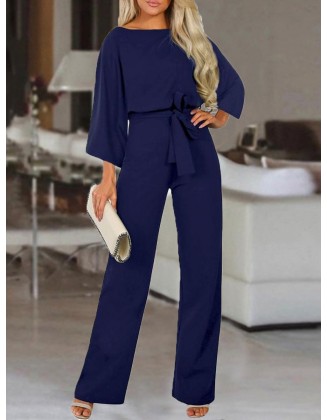 Solid Color Round Neck Long Sleeve Belted Jumpsuit