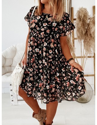 Casual Short Sleeve Crew Neck Floral Print Ruffle Midi Dress