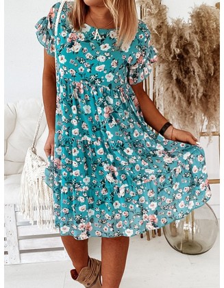 Casual Short Sleeve Crew Neck Floral Print Ruffle Midi Dress