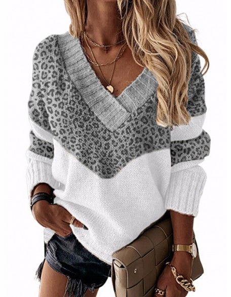 Autumn/winter V-neck Color-blocking Leopard-print Knit Pullo